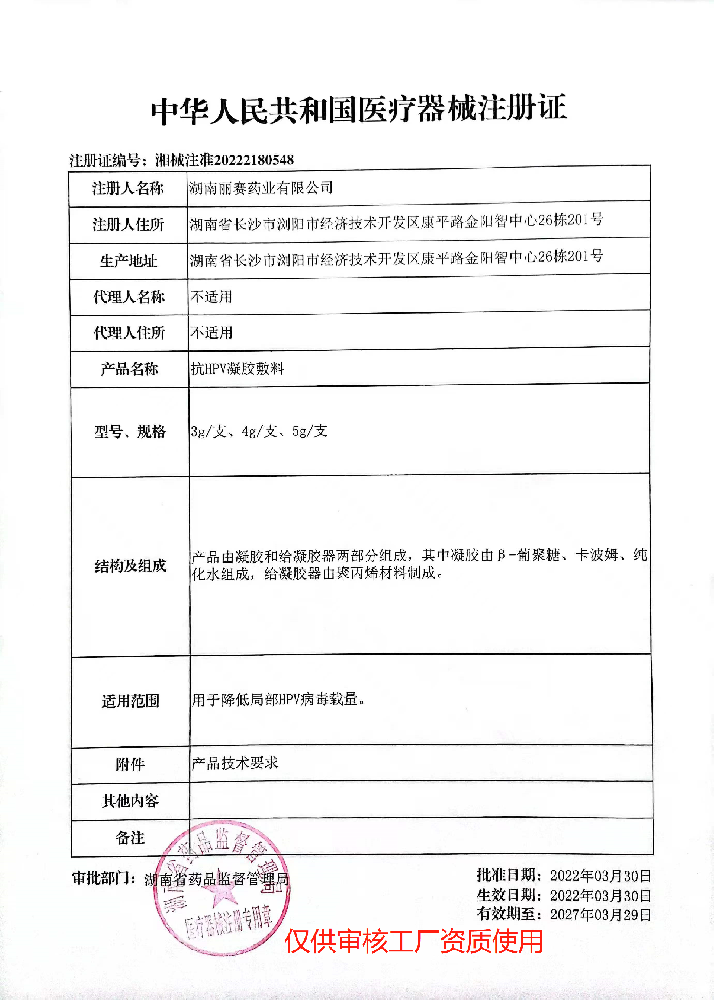 械2類——抗HPV凝膠敷料